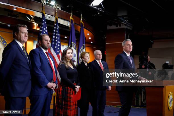 House Minority Leader speaks Kevin McCarthy speaks alongside House Republican Leadership during a press conference on the 2023 Fiscal Year at the U.S...