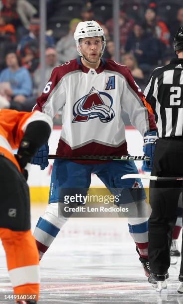 Mikko Rantanen of the Colorado Avalanche stands at center ice prior to a face-off against the Philadelphia Flyers at the Wells Fargo Center on...