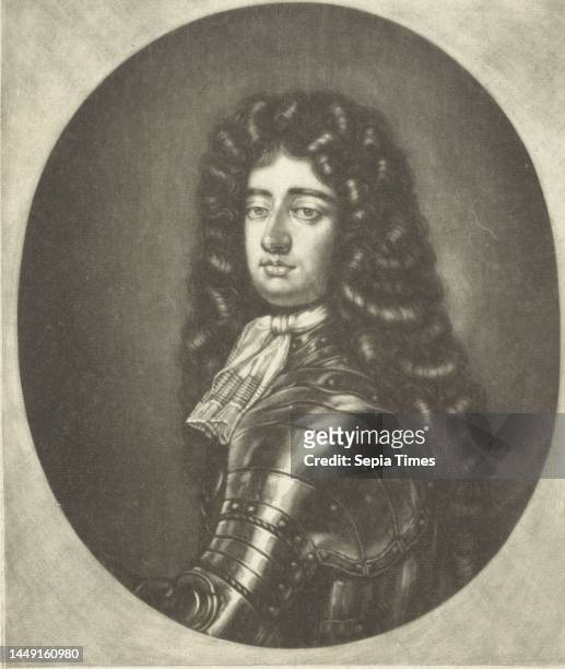 Henry Fitzroy, the first Duke of Grafton. He wears armor and a long curly wig. Portrait of Henry Fitzroy, Duke of Grafton, print maker: Pieter Schenk...
