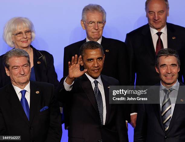 First row, Albanian Prime Minister Sali Berisha, U.S. President Barack Obama and NATO Secretary General Anders Fogh Rasmussen, second row Icelandic...