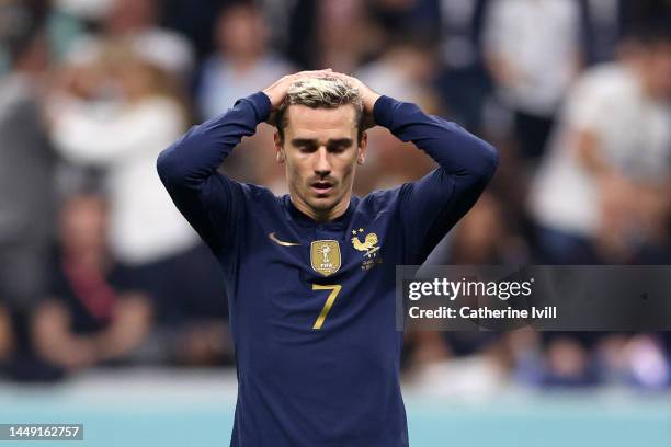 Antoine Griezmann of France reacts during the FIFA World Cup Qatar 2022 semi final match between France and Morocco at Al Bayt Stadium on December...