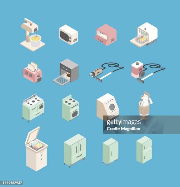 american household appliances of the 50s isometric vector - antique washing machine stock illustrations