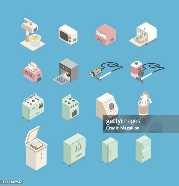 american household appliances of the 50s isometric vector - 1950s vintage fridge stock illustrations