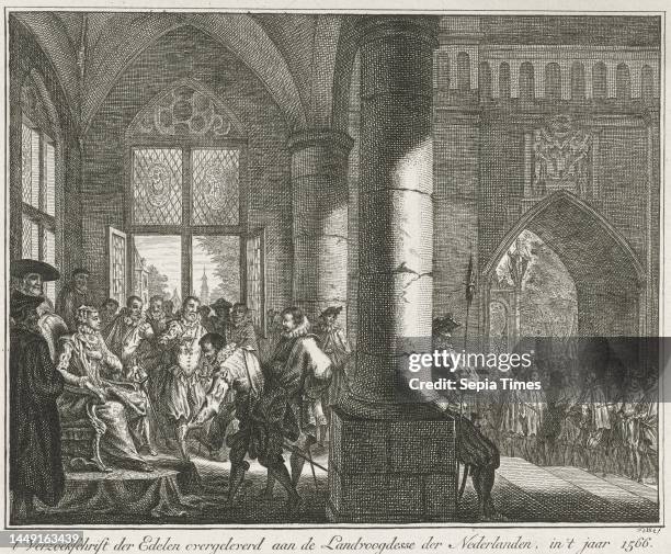 Dutch nobles offer the governess Margaret of Parma a petition, the Supplication of Nobles. The governess is seated in a chair on a platform and...