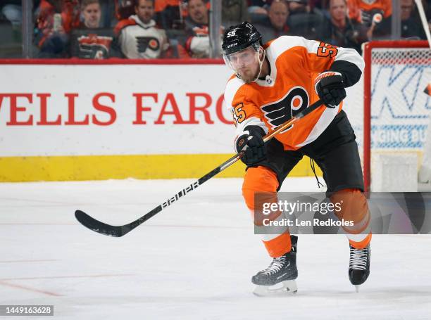 Rasmus Ristolainen of the Philadelphia Flyers completes a pass against the Colorado Avalanche at the Wells Fargo Center on December 5, 2022 in...