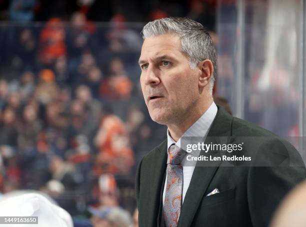 Head Coach of the Colorado Avalanche Jared Bednar looks on during the first period in his team's game against the Philadelphia Flyers at the Wells...