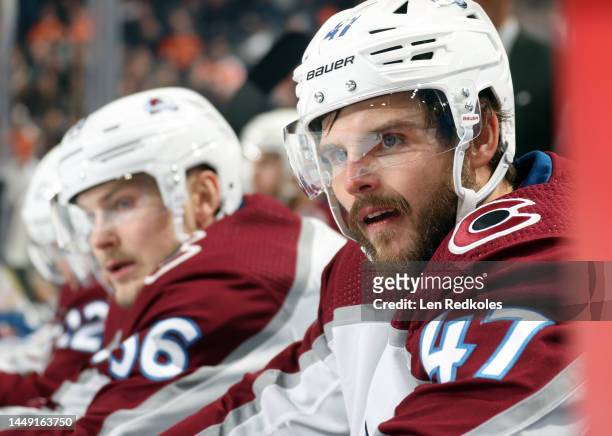 Alex Galchenyuk of the Colorado Avalanche looks on from the bench during the first period against the Philadelphia Flyers at the Wells Fargo Center...