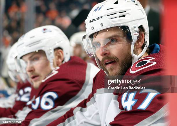 Alex Galchenyuk of the Colorado Avalanche looks on from the bench during the first period against the Philadelphia Flyers at the Wells Fargo Center...