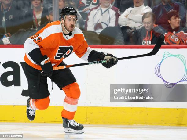 Kevin Hayes of the Philadelphia Flyers skates against the Colorado Avalanche at the Wells Fargo Center on December 5, 2022 in Philadelphia,...