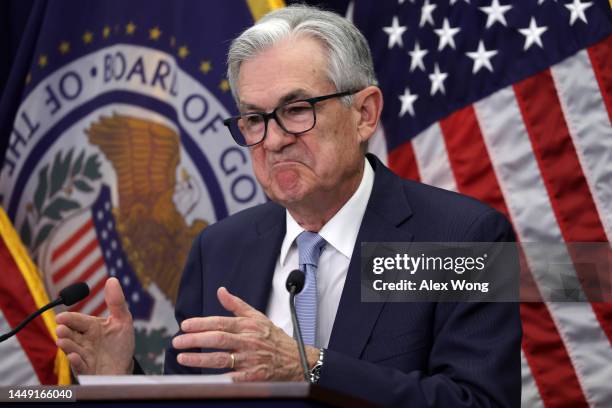 Federal Reserve Board Chairman Jerome Powell speaks during a news conference after a Federal Open Market Committee meeting on December 14, 2022 in...