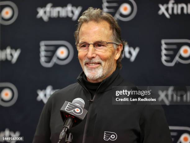 Head Coach of the Philadelphia Flyers John Tortorella speaks during a press conference after defeating the Colorado Avalanche 5-3 at the Wells Fargo...