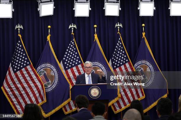 Federal Reserve Board Chairman Jerome Powell speaks during a news conference after a Federal Open Market Committee meeting on December 14, 2022 in...