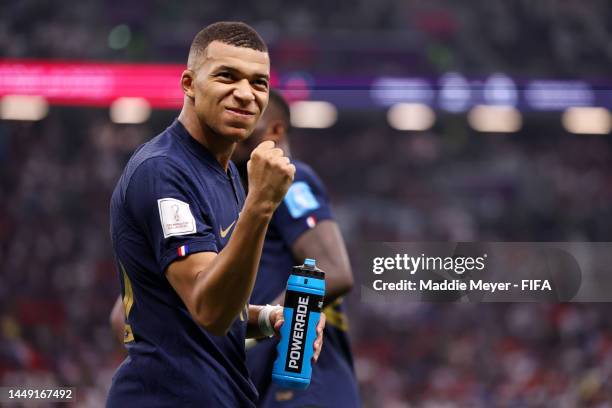 Kylian Mbappe of France celebrates their sides second goal during the FIFA World Cup Qatar 2022 semi final match between France and Morocco at Al...