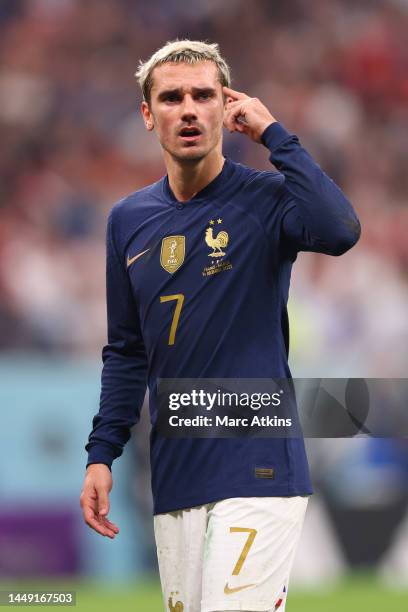 Antoine Griezmann of France reacts during the FIFA World Cup Qatar 2022 semi final match between France and Morocco at Al Bayt Stadium on December...