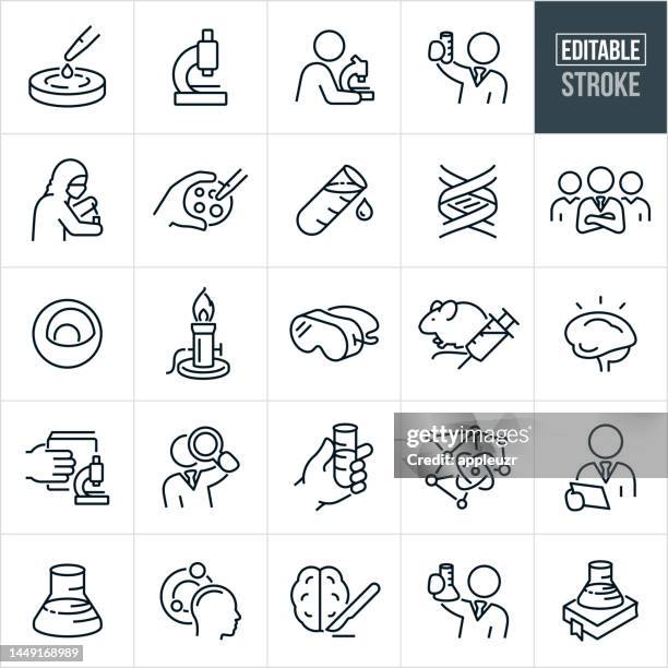 science thin line icons - editable stroke - icons include scientists, science, laboratory, lab equipment, beaker, test tube, dna, microscope, petri dish, scientific experiment, dissection, lab rat, atom, molecule, study, experimentation, research - microbiologist stock illustrations