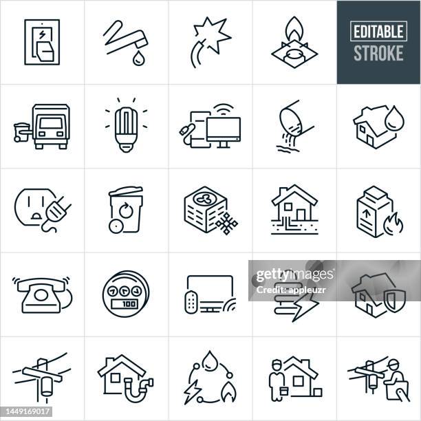 stockillustraties, clipart, cartoons en iconen met public utilities thin line icons - editable stroke - icons include public utilities, utilities, power, electricity, water, utility, natural gas, gas, garbage pick-up, heat, furnace, air conditioner, public service, essential need, telephone, internet, con - openbare dienstverlening