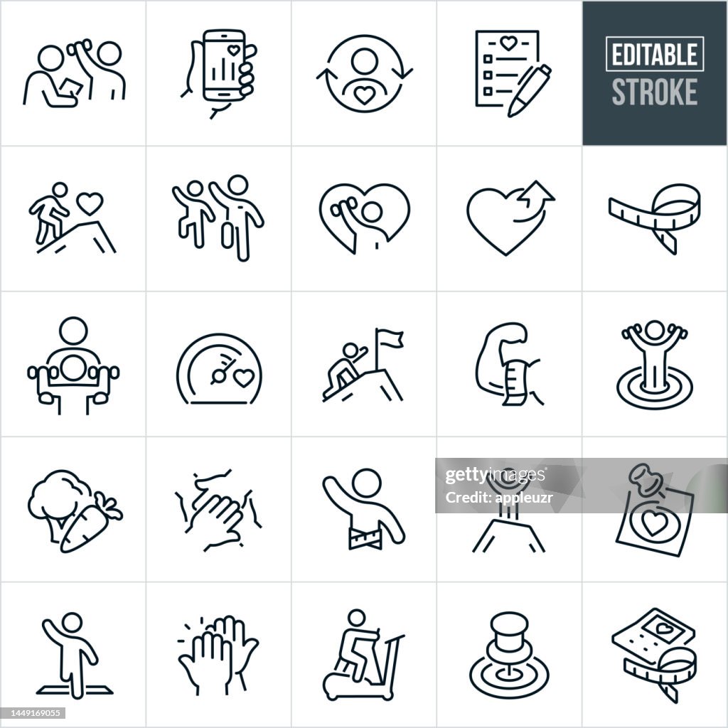 Fitness Goals Thin Line Icons - Editable Stroke - Icons Include People Exercising, Lifting Weights, Personal Trainer, Fitness Goal, Health And Wellness, Health Goal, Fitness Tracker, Aerobics Class, Aerobics, Healthy Eating, Healthy Lifestyle, Lifestyles,
