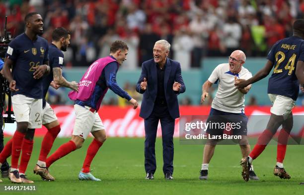 Didier Deschamps, Head Coach of France, celebrates with the team after the 2-0 win during the FIFA World Cup Qatar 2022 semi final match between...