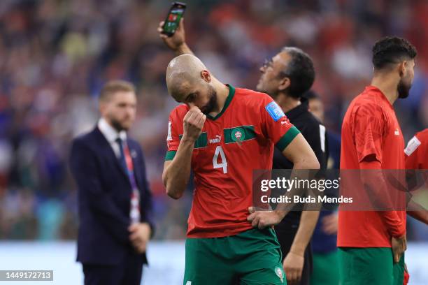 Sofyan Amrabat of Morocco looks dejected after their sides' elimination from the tournament during the FIFA World Cup Qatar 2022 semi final match...