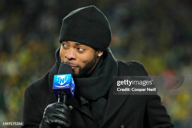 Amazon Prime Video Thursday Night Football analyst Richard Sherman speaks during the game between the Tennessee Titans and the Green Bay Packers at...