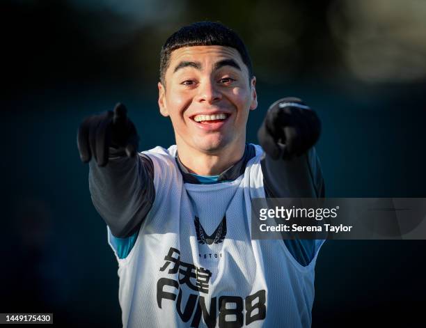 Miguel Almirón points to the camera during a Newcastle United Training Session at the Newcastle United Training Centre on December 14, 2022 in...