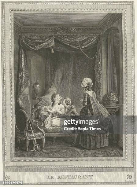 In a room, a young couple sits on a canap, print maker: Martial Deny, , after: Lawrence, , publisher: Gérard Vidal, , print maker: France, publisher:...