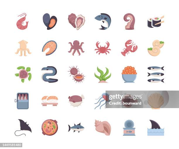 ilustrações, clipart, desenhos animados e ícones de ícones de design plano de frutos do mar. - seafood