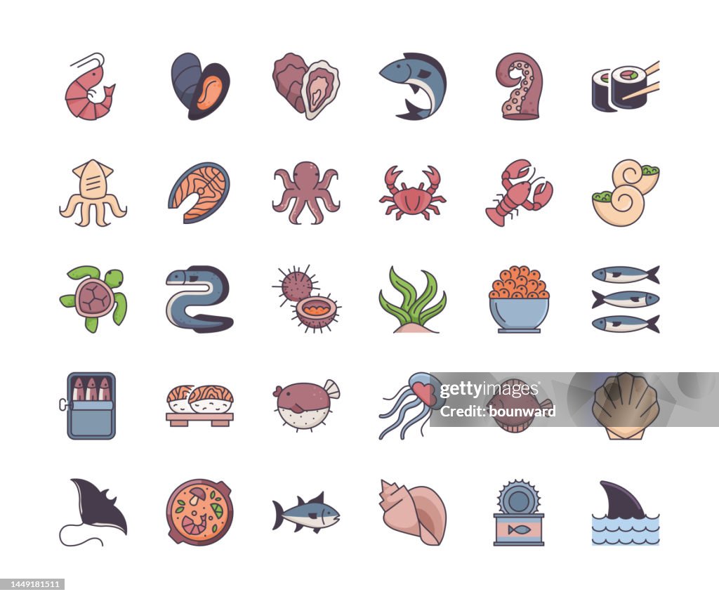 Seafood Color Line Icons. Editable stroke.