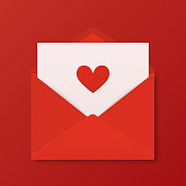 Vector 3d Realistic Opened Red Envelope on Red Background with Heart. Isolated Envelope with Paper Sheet Inside. Invitation, Message, Letter Template. Design Template for Valentine s Day Card, Banner