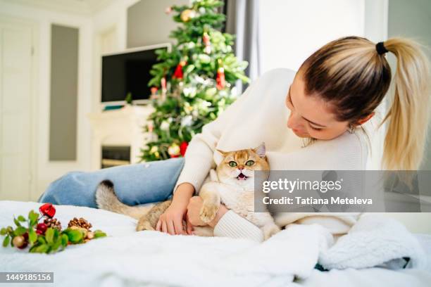 strange animal behavior. blond female hugging and stroking cute ginger cat in her hands, lying in linen on bed - begging animal behavior stock-fotos und bilder