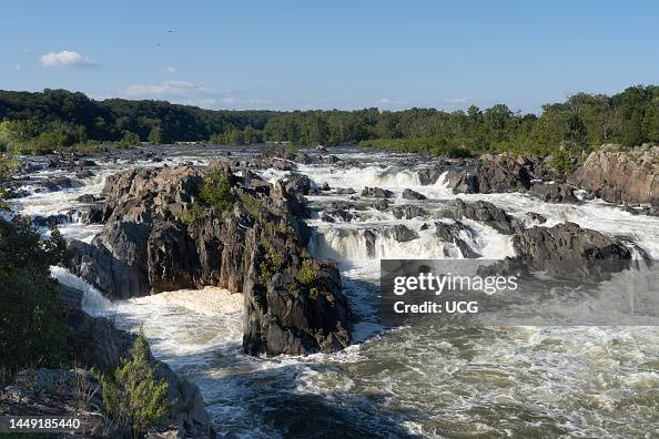 Great Falls of the Potomac River. Virginia (L) Maryland (R) at Great Falls Park. Bedrock is mostly metagraywacke and schist of the Proterozoic-Cambrian Mather Gorge Formation. Great Falls of the Potomac River. Virginia (L) Maryland (R) at Great Falls Park. Bedrock is mostly metagraywacke and schist of the Proterozoic-Cambrian Mather Gorge Formation.