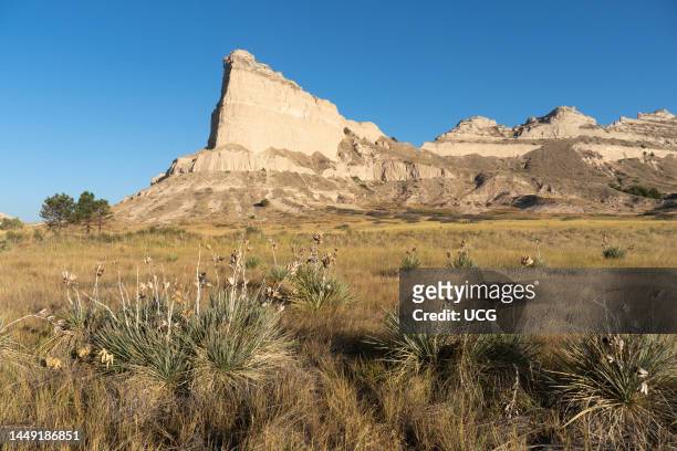 Eagle Rock, composed of approx flat-lying Oligocene White River Group and Oligocene-Miocene Arikaree Group of Scotts Bluff National Monument,...