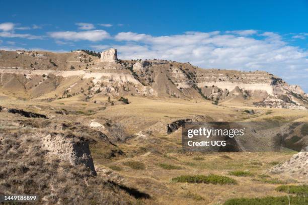 Bluffs of flat-lying Oligocene White River Group and Oligocene-Miocene Arikaree Group of Scotts Bluff National Monument, Nebraska.