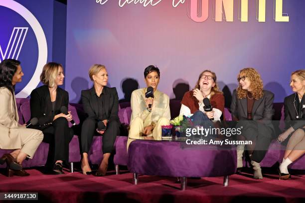 Jenni Konner, Sian Heder, Tonya Lewis Lee, Stefani Robinson, Elizabeth Meriwether, Sarah Finn, and Sarah Michelle Gellar speak onstage during...