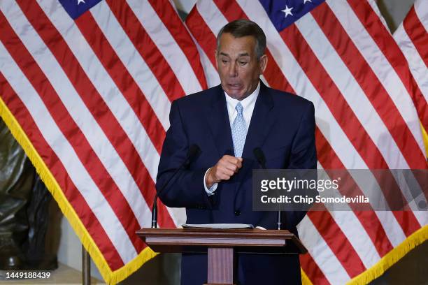 Former Speaker of the House John Boehner of Ohio becomes emotional while talking about Speaker Nancy Pelosi during her portrait unveiling ceremony in...