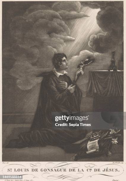 No. 3, Saint Aloysius Gonzaga, kneeling at an altar St. Louis de Gonsague de la Cie. De J, print maker: Gabriel Emile Wibaille, , intermediary...