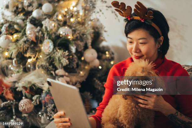 woman and pet dog having a video call on new year's day - chinese year of the dog stock pictures, royalty-free photos & images