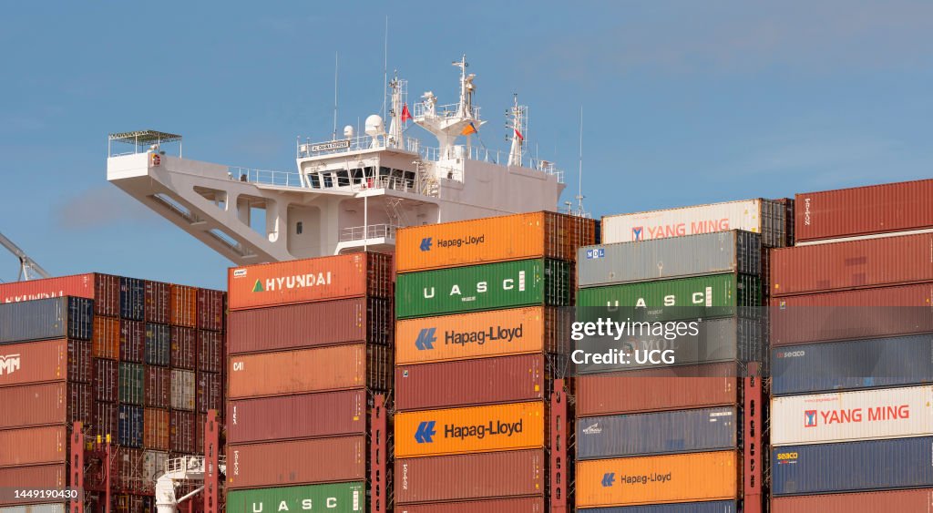 Southampton, England, UK, Bridge of container ship and stacked... News ...