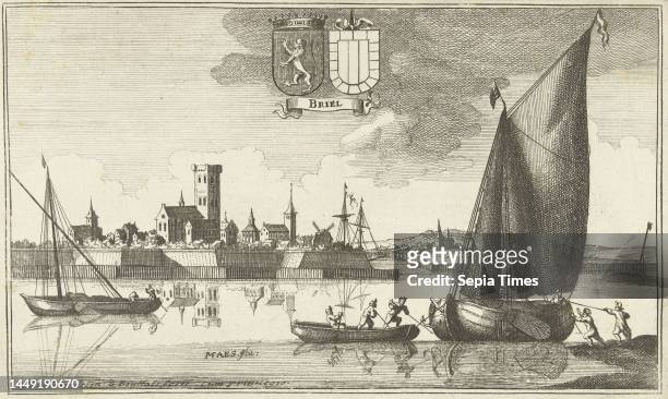 View of the town of Brielle. In the foreground, outside the city walls, the river De Maas. A sloop has run aground on a sandbank and people are...
