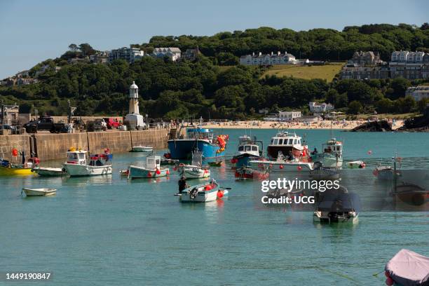 St Ives, west Cornwall, England, UK, View across the harbour. To Smeaton's Pier and Porthminster beach with fishing and private boats in the...