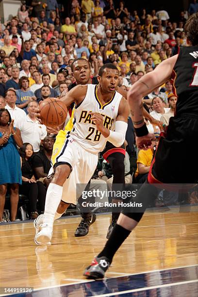 Leandro Barbosa of the Indiana Pacers drives to the basket against the Miami Heat in Game Four of the Eastern Conference Semi-Finals during the 2012...