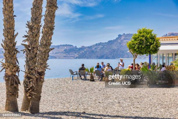 Almunecar, Costa Tropical, Granada Province, Andalusia, southern Spain. Beach bar, or chiringuito on Playa de San Crisobal, San Cristobal beach.