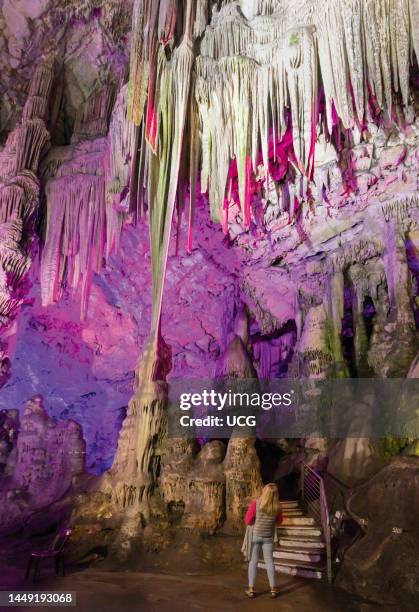 Interior of St. Michaels Cave, Gibraltar. The limestone cave is situated within the Upper Rock Nature Reserve. Neanderthal remains found in the cave...