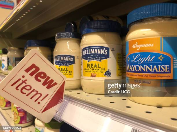 New Item sign at Wegmans Grocery Store in the mayonnaise aisle, Boston, Massachusetts.