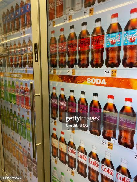 Digital display on doors of refrigerated beverages at Whole Foods, supermarket, Manhattan, New York.