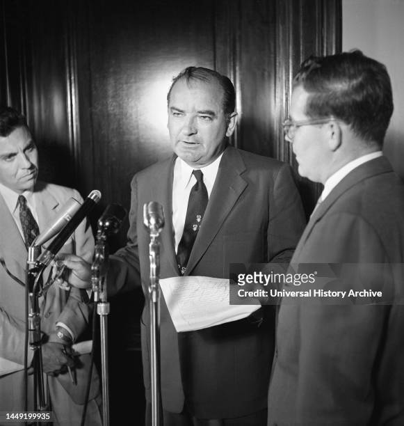 Senator from Wisconsin Joseph McCarthy at microphone during Press Conference, Washington, D.C., USA, Thomas J. O'Halloran, U.S. News & World Report...