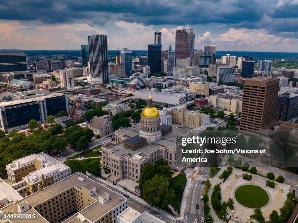 Aerial drone view of Atlanta Skyline, Georgia the peach state show Dome of State Capital.