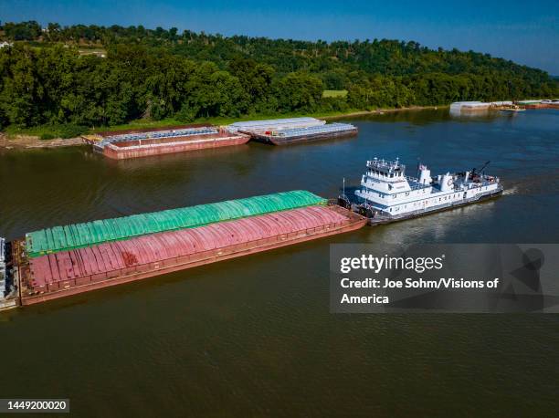 Cargo river barge floats down Ohio River, outside of Cincinnati.