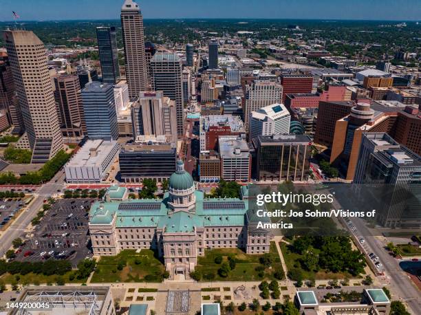 State Capitol Dome of State of Indiana, Indianapolis shows its State Flag and American Flag.