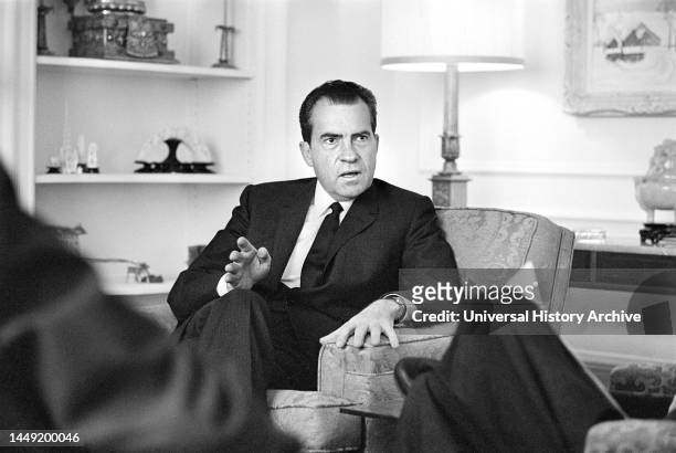 Richard M. Nixon, three-quarter length portrait, being interviewed in his Apartment, New York City, New York, USA, Marion S. Trikosko, U.S. News &...
